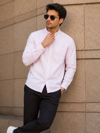 Chinese Collar Light Pink Tailored Fit Cotton Casual Shirt for Man