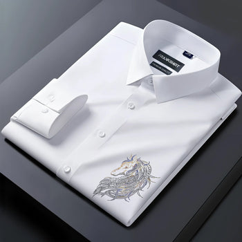 White dress shirt with embroidery on a dark gray background