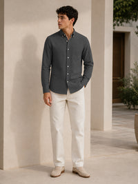 Dark Grey Down Button Casual Linen Shirt