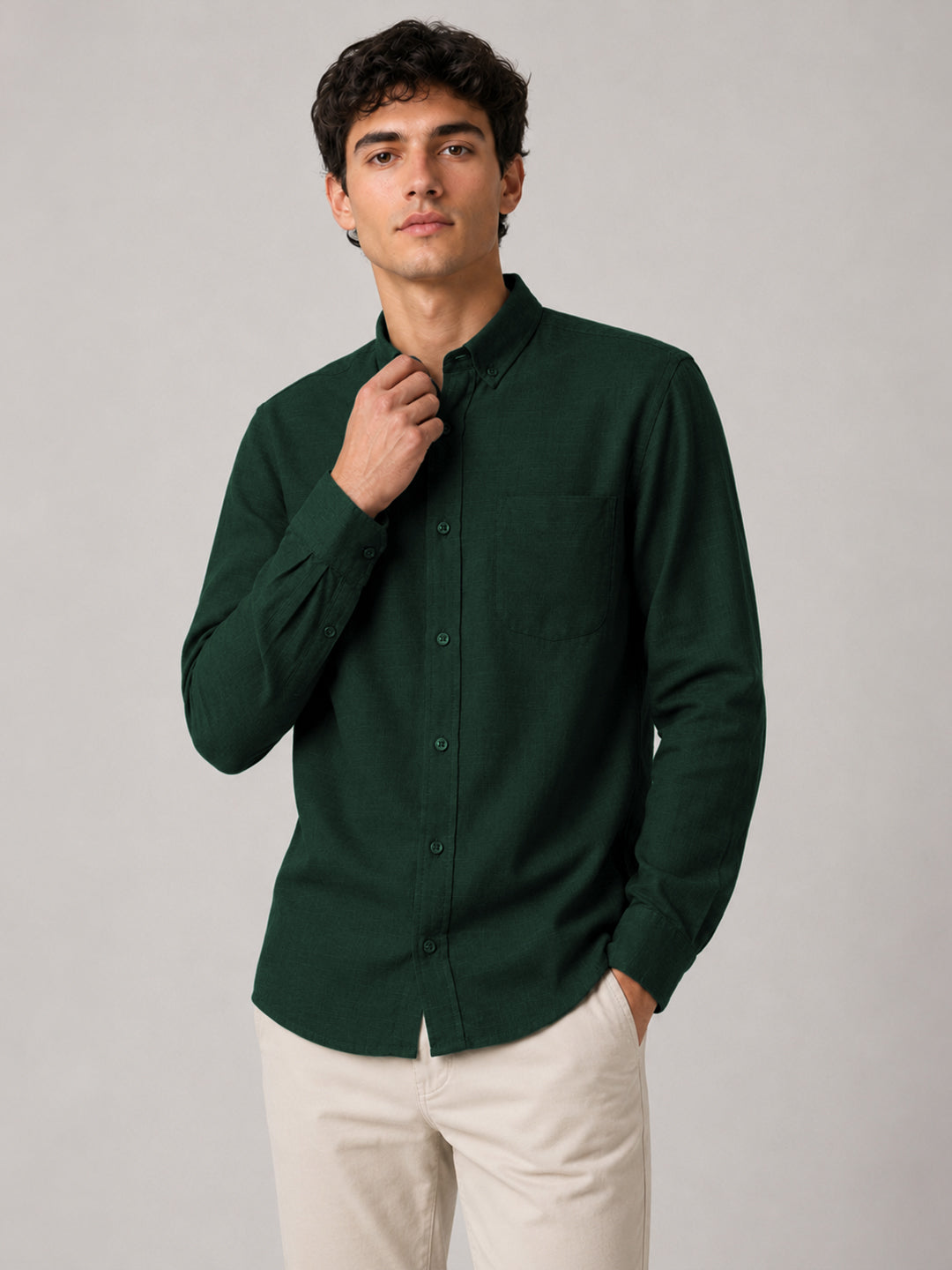 Bottle Green Linear Linen Shirt