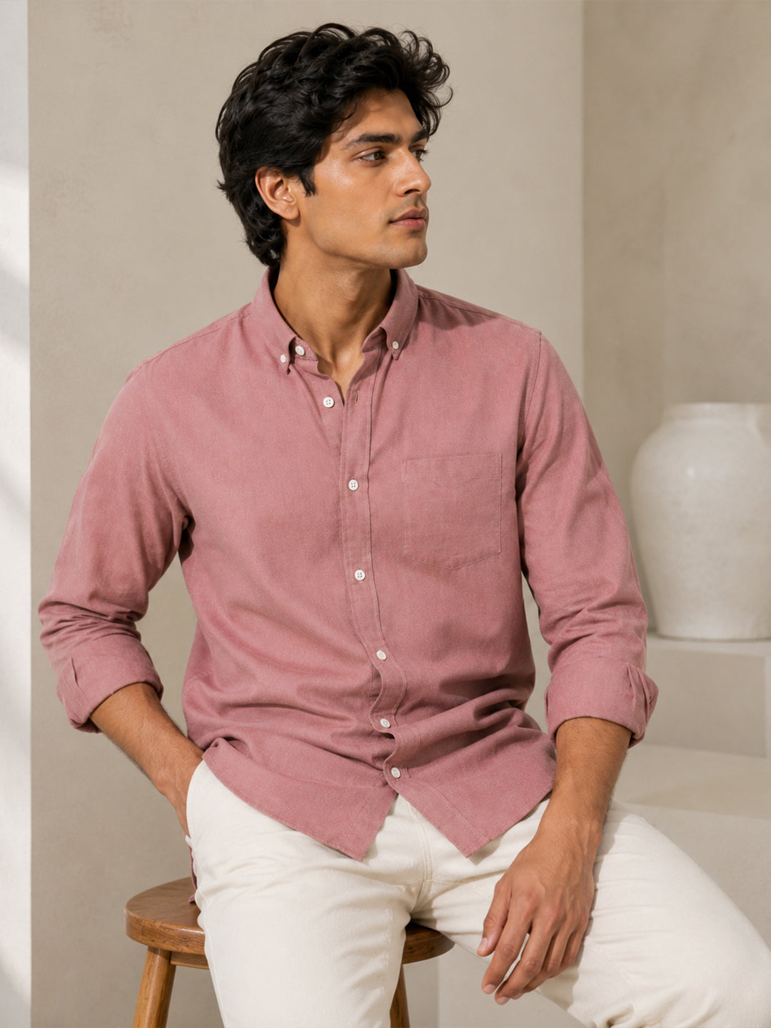 Casual Oxford Cotton Maroon Shirt For Men