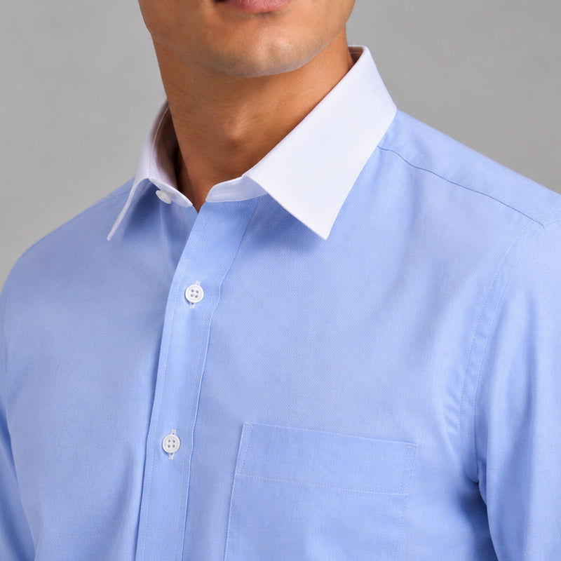 White Collar Denim Blue Oxford Cotton Shirt For Men