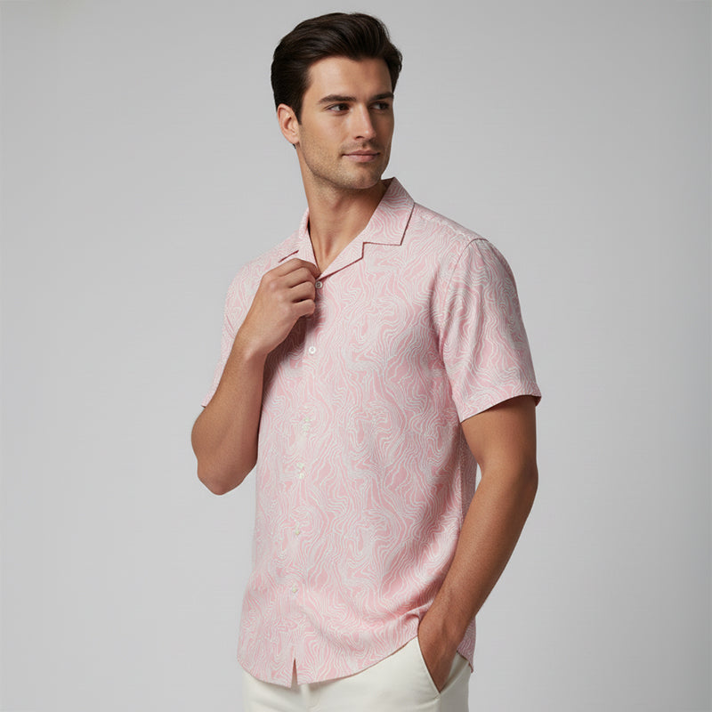 Soft Pink Swirl Printed Cuban Collar Half Sleeve Shirt For men