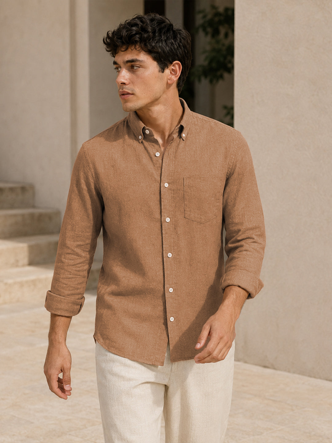Dusty Brown Down Button Casual Linen Shirt