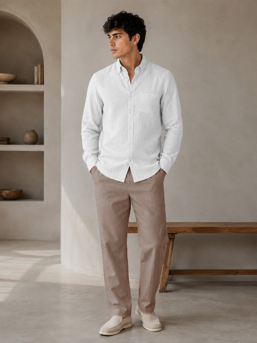 White Down Button Casual Linen Shirt