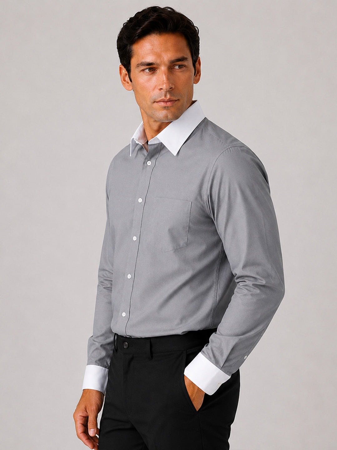 White Collar Dark Grey Oxford Cotton Shirt For Men