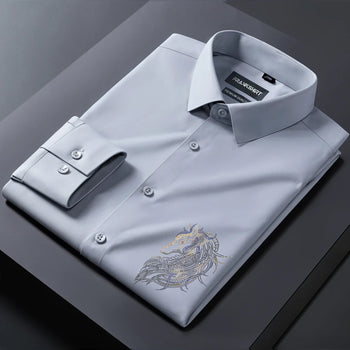 Gray dress shirt with embroidery on a dark surface
