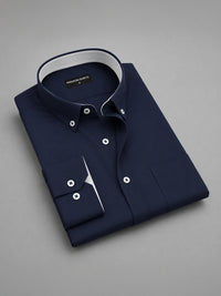 Navy Blue Satin Contrast Collar Shirt for Men