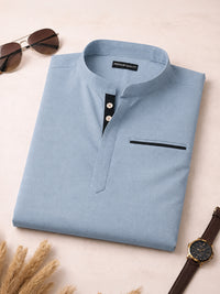 Urban Fit Light Blue Short Linen Kurta For Men