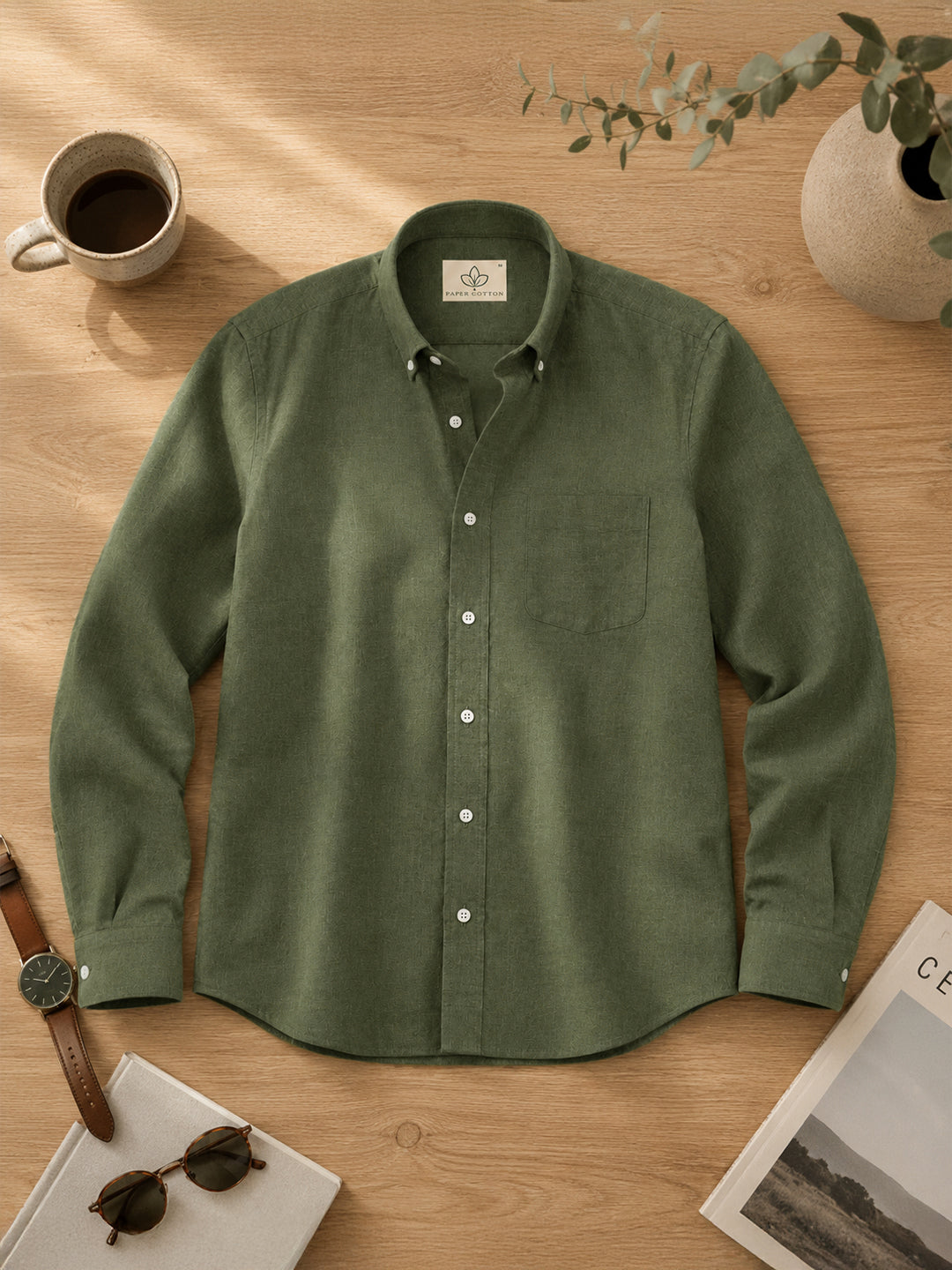 Olive Down Button Casual Linen Shirt