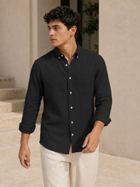 Black Down Button Casual Linen Shirt
