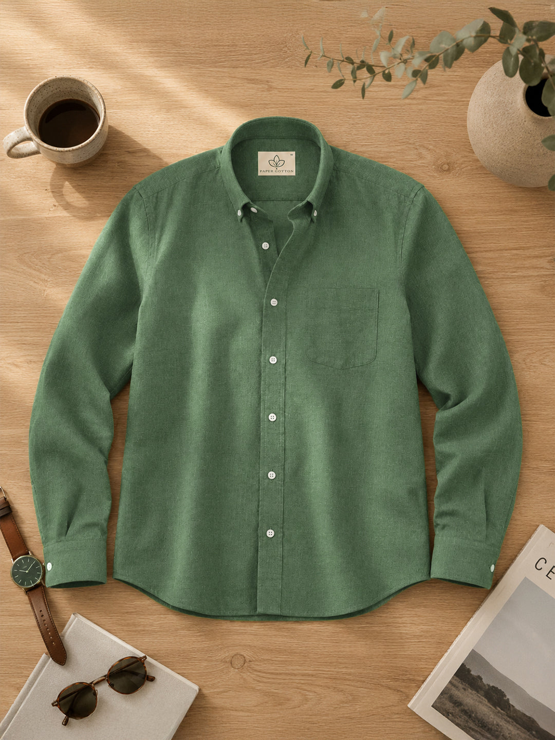Green Down Button Casual Linen Shirt