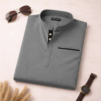 Urban Fit Grey Short Linen Kurta For Men