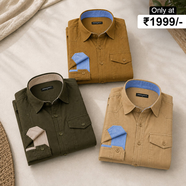 Pack Of 3 Cargo Style Beige, Mehendi & Bottle Green Shirt