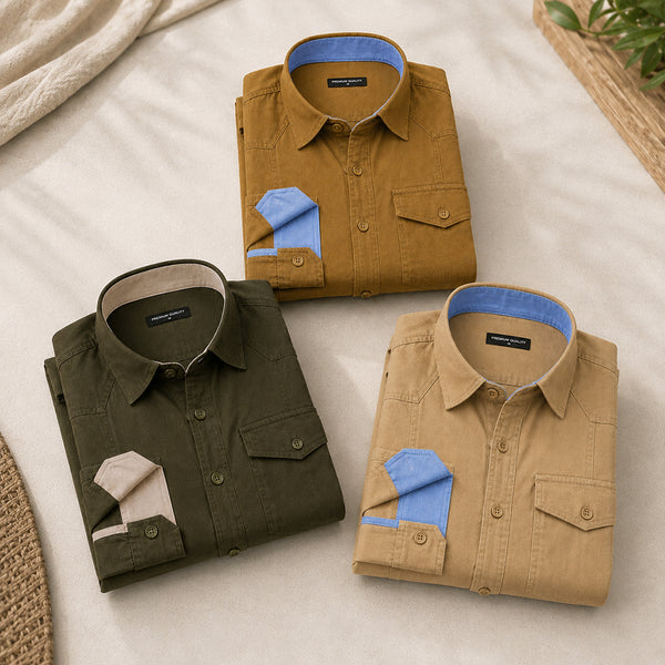 Pack Of 3 Cargo Style Beige, Mehendi & Bottle Green Shirt