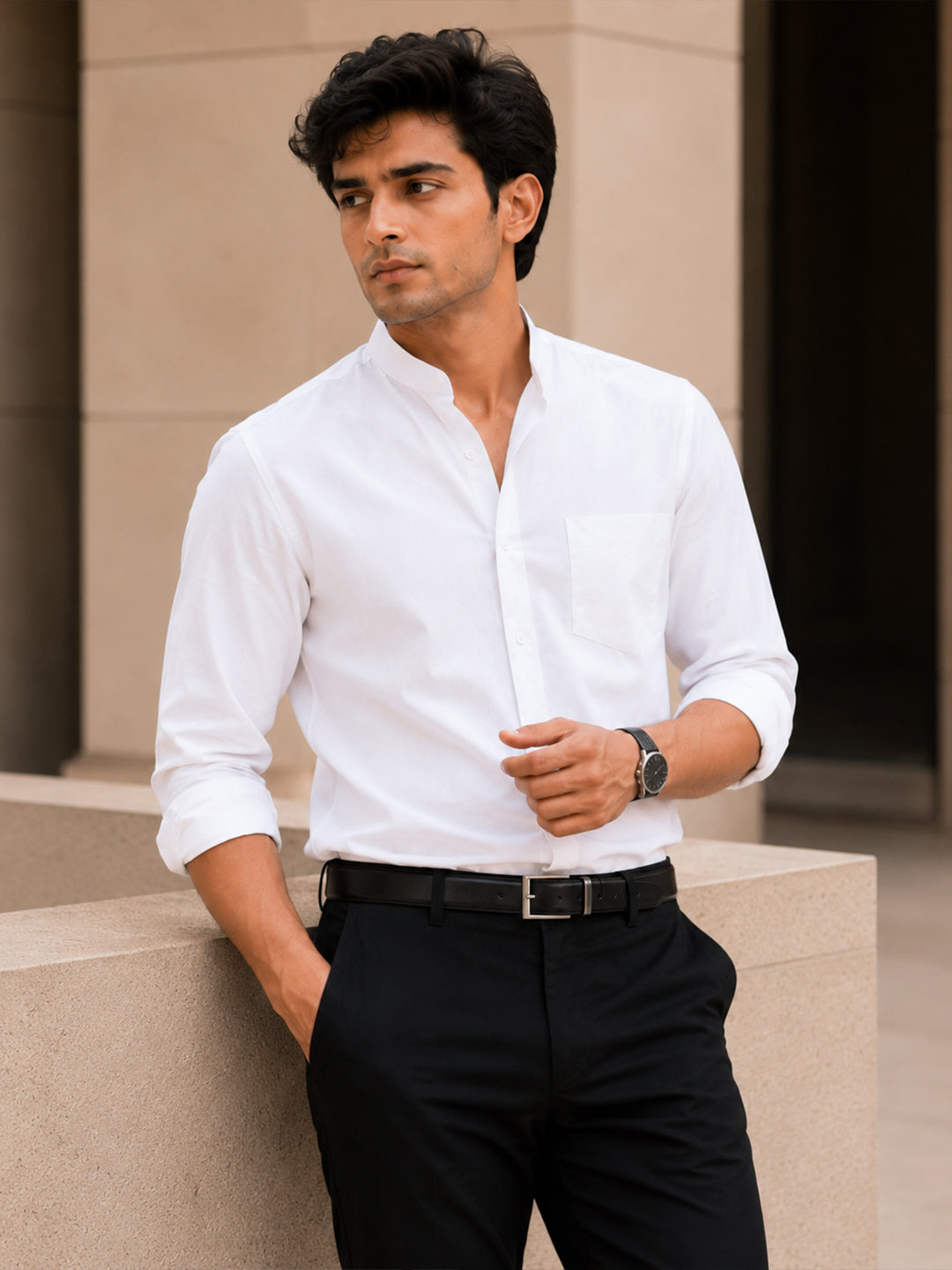 Chinese Collar White Tailored Fit Cotton Casual Shirt for Man