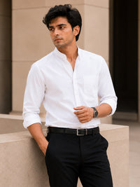 Chinese Collar White Tailored Fit Cotton Casual Shirt for Man