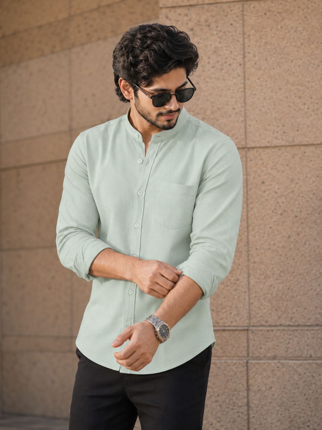Chinese Collar Pista Tailored Fit Cotton Casual Shirt for Man
