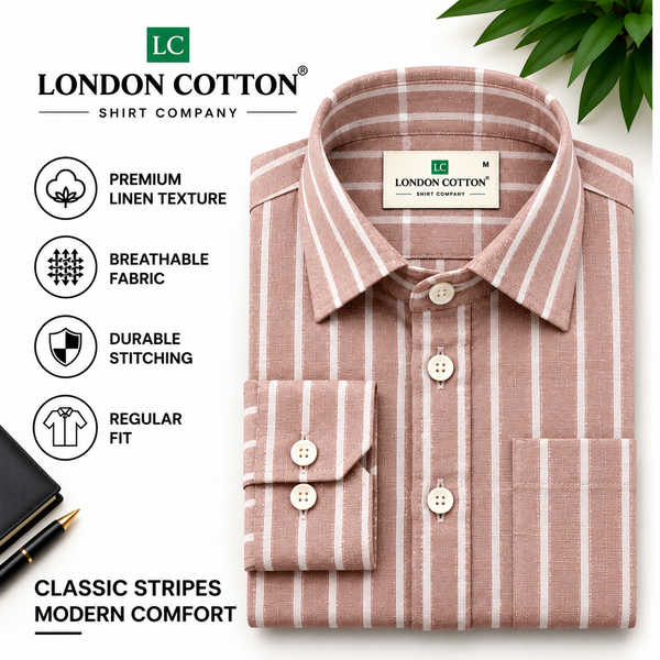 Men's Rose Gold Striped Linen Textured Shirt – Regular Fit