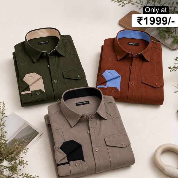 Pack Of 3 Cargo Style Khaki, Bottle Green & Brown Shirt