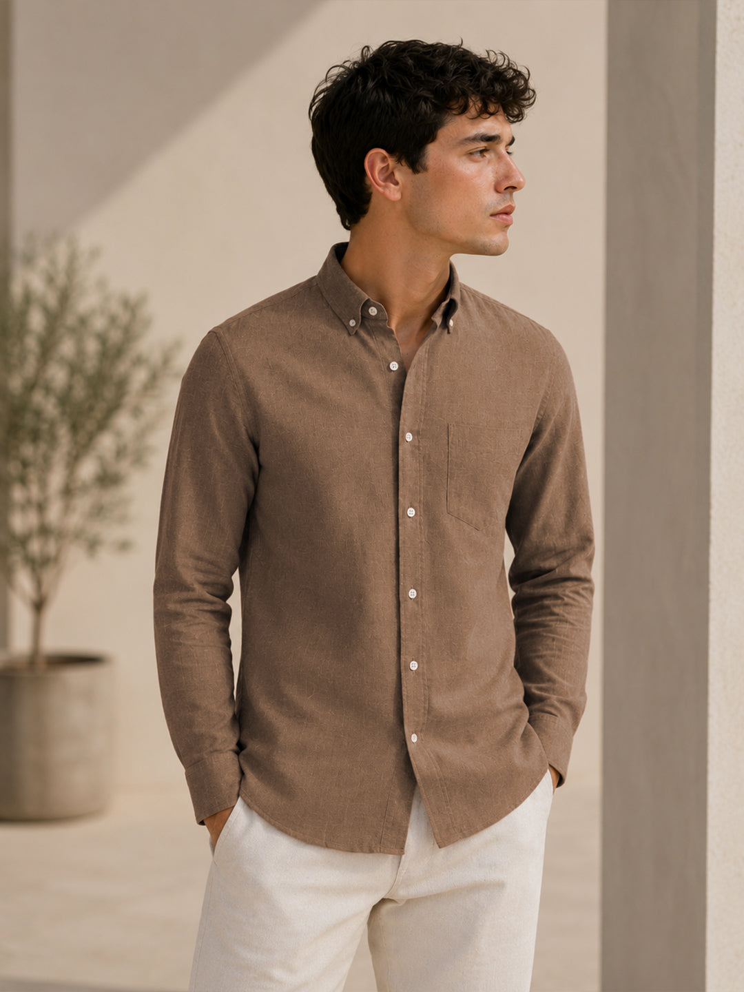 Brown Down Button Casual Linen Shirt