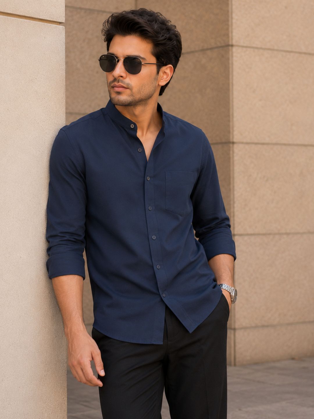 Chinese Collar Navy Blue Solid Tailored Fit Cotton Casual Shirt for Man