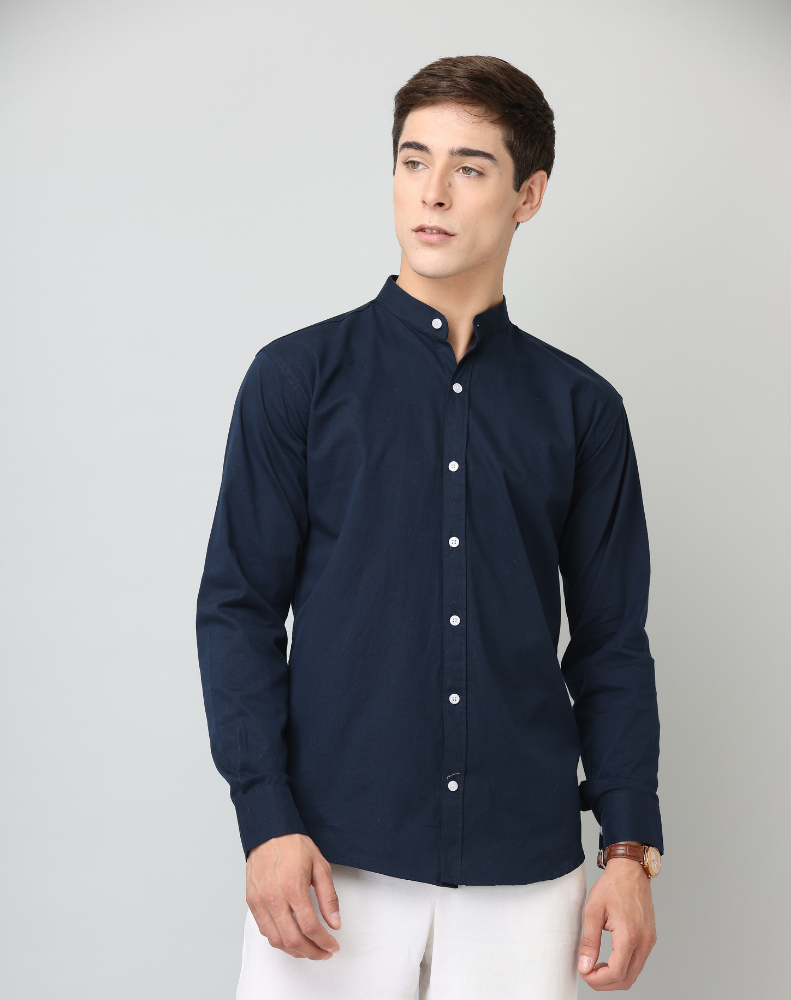 Chinese Collar Navy Blue Solid Tailored Fit Cotton Casual Shirt for Man