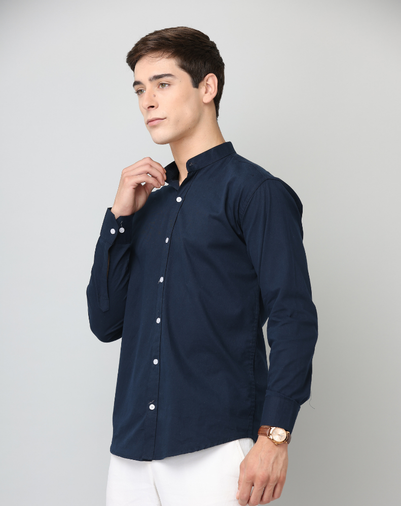 Chinese Collar Navy Blue Solid Tailored Fit Cotton Casual Shirt for Man