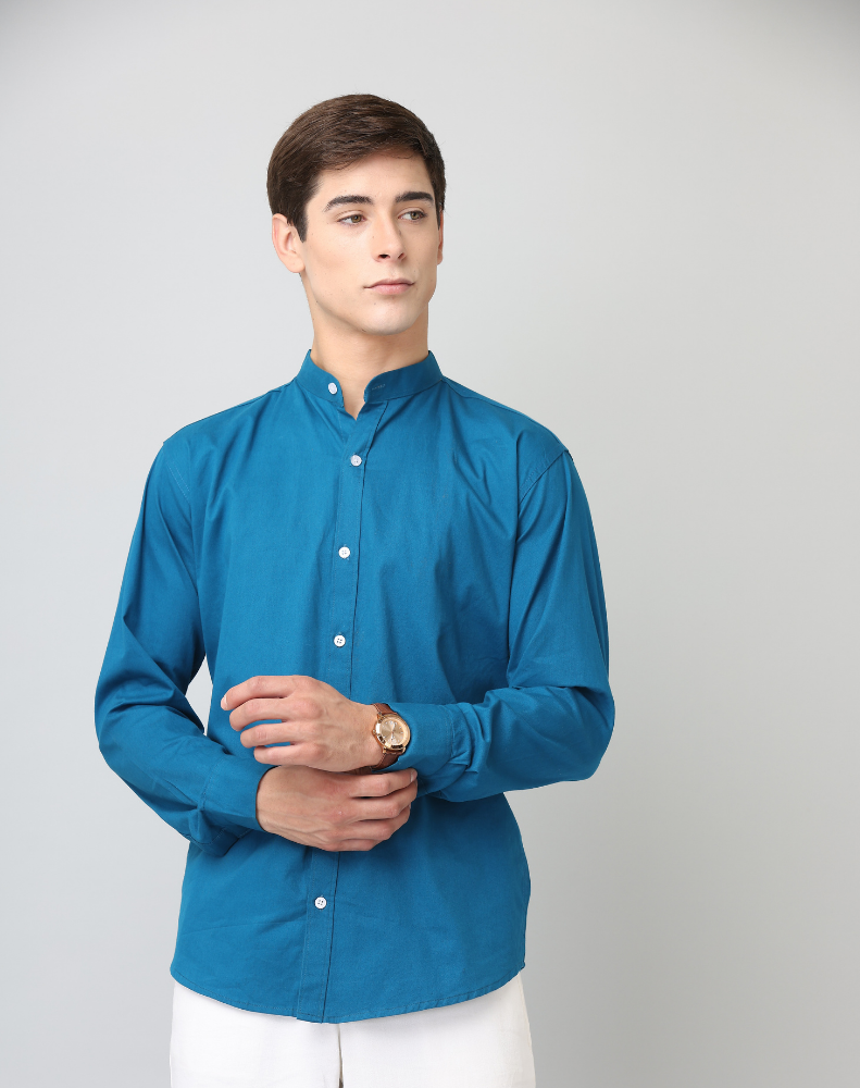 Premium Chinese Collar Peacock Blue Solid Tailored Fit Cotton Casual Shirt for Men