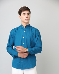 Premium Chinese Collar Peacock Blue Solid Tailored Fit Cotton Casual Shirt for Men