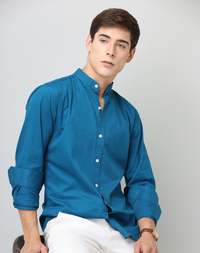Chinese Collar Peacocke Blue Solid Tailored Fit Cotton Casual Shirt for Man