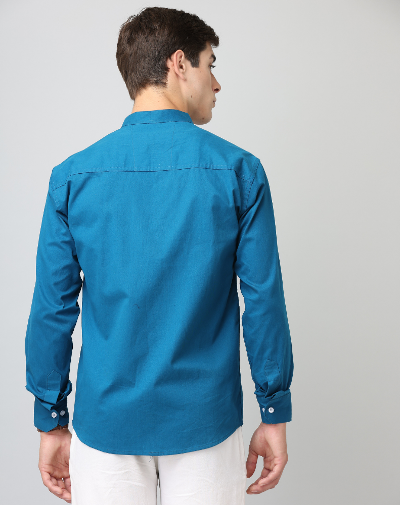 Chinese Collar Peacocke Blue Solid Tailored Fit Cotton Casual Shirt for Man