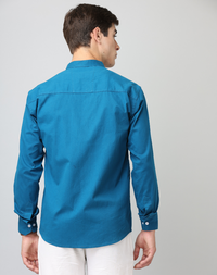 Chinese Collar Peacocke Blue Solid Tailored Fit Cotton Casual Shirt for Man