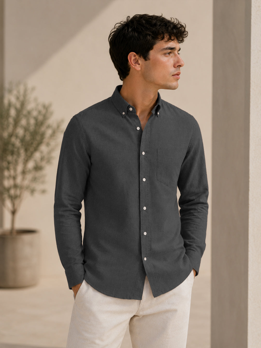 Dark Grey Down Button Casual Linen Shirt