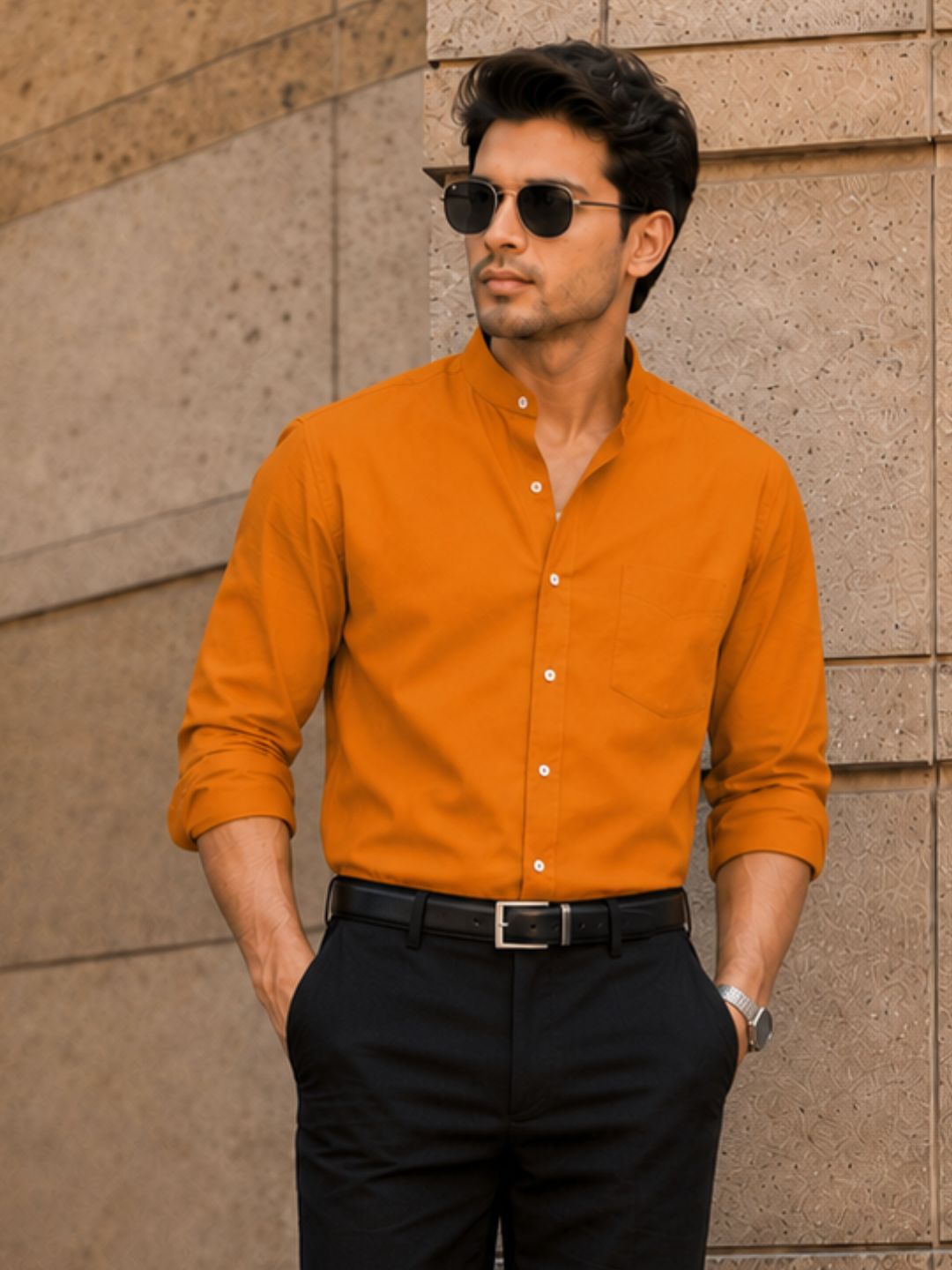 Chinese Collar Mustard Tailored Fit Cotton Casual Shirt for Man