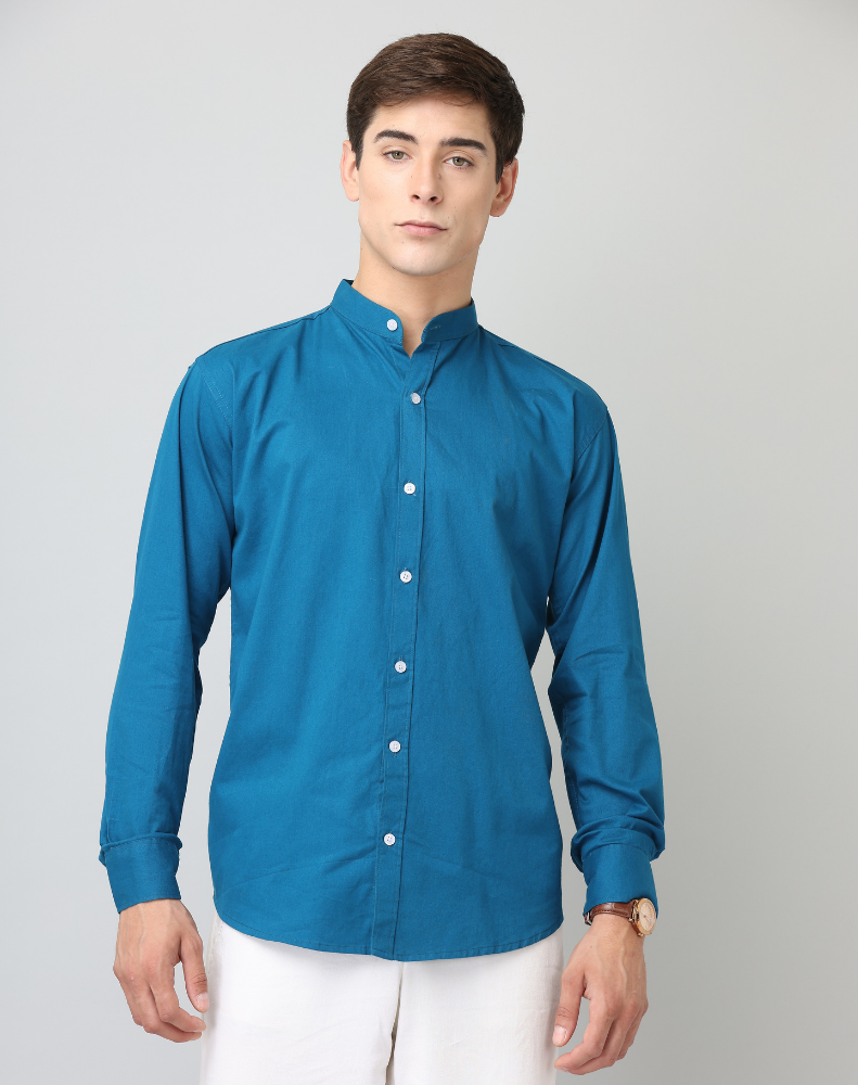 Premium Chinese Collar Peacock Blue Solid Tailored Fit Cotton Casual Shirt for Men