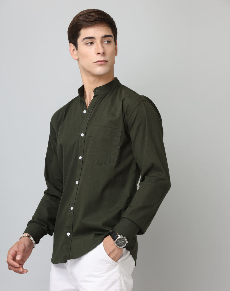Chinese Collar Bottle Green Tailored Fit Cotton Casual Shirt for Man
