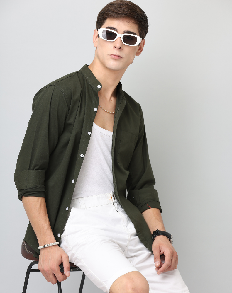 Chinese Collar Bottle Green Tailored Fit Cotton Casual Shirt for Man
