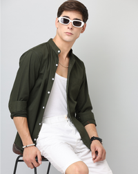 Chinese Collar Bottle Green Tailored Fit Cotton Casual Shirt for Man