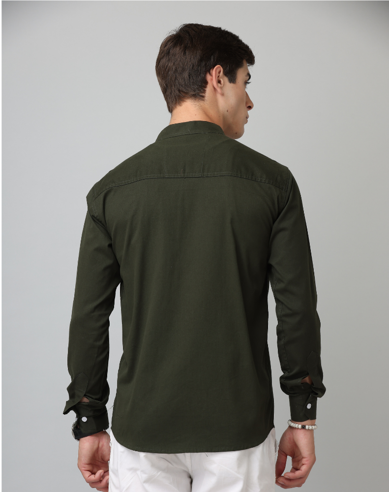 Chinese Collar Bottle Green Tailored Fit Cotton Casual Shirt for Man