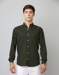 Chinese Collar Bottle Green Tailored Fit Cotton Casual Shirt for Man