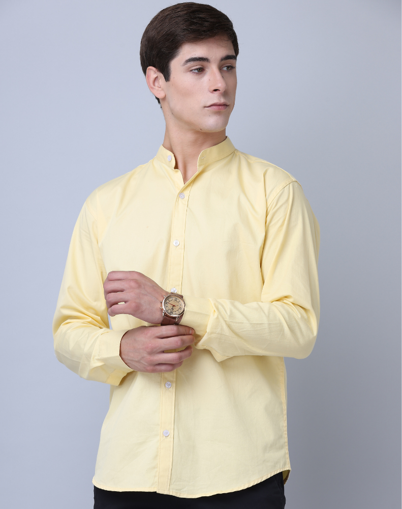 Chinese Collar Yellow Tailored Fit Cotton Casual Shirt for Man