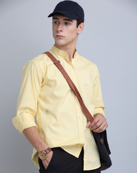 Chinese Collar Yellow Tailored Fit Cotton Casual Shirt for Man