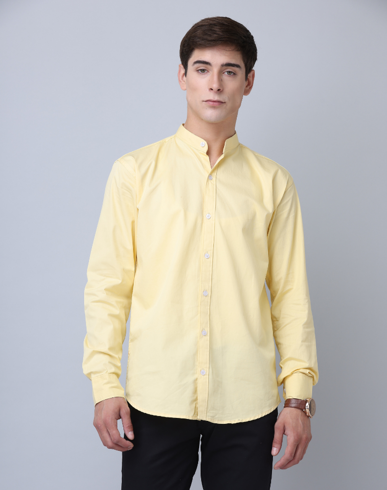 Chinese Collar Yellow Tailored Fit Cotton Casual Shirt for Man