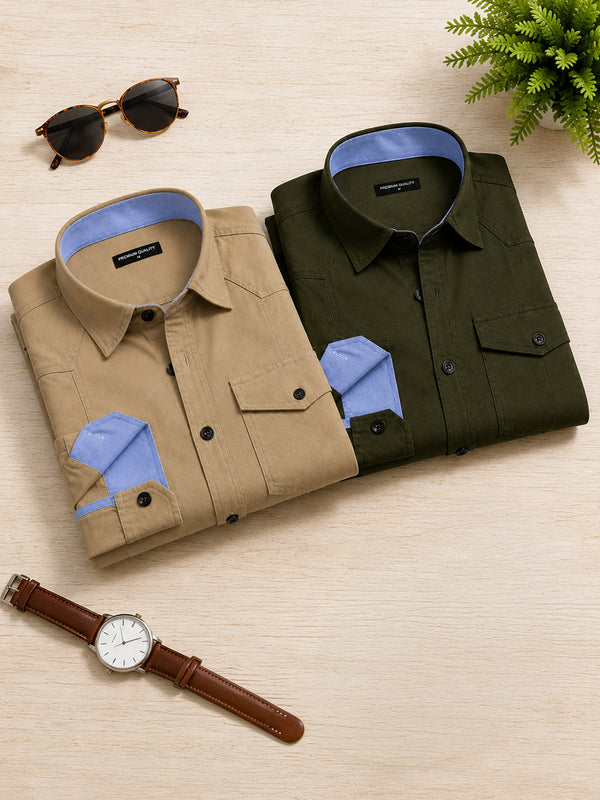 Pack Of 2 Cargo Style Beige & Bottle Green Shirt