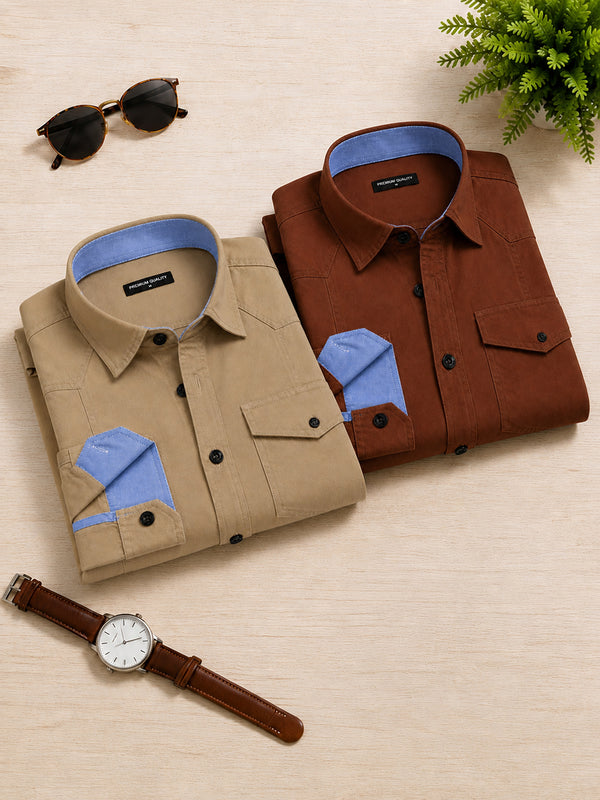 Pack Of 2 Cargo Style Beige & Brown Shirt
