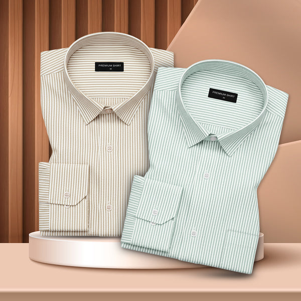 Beige & Light Green Stripe Oxford Pack of 2 Shirts For Men