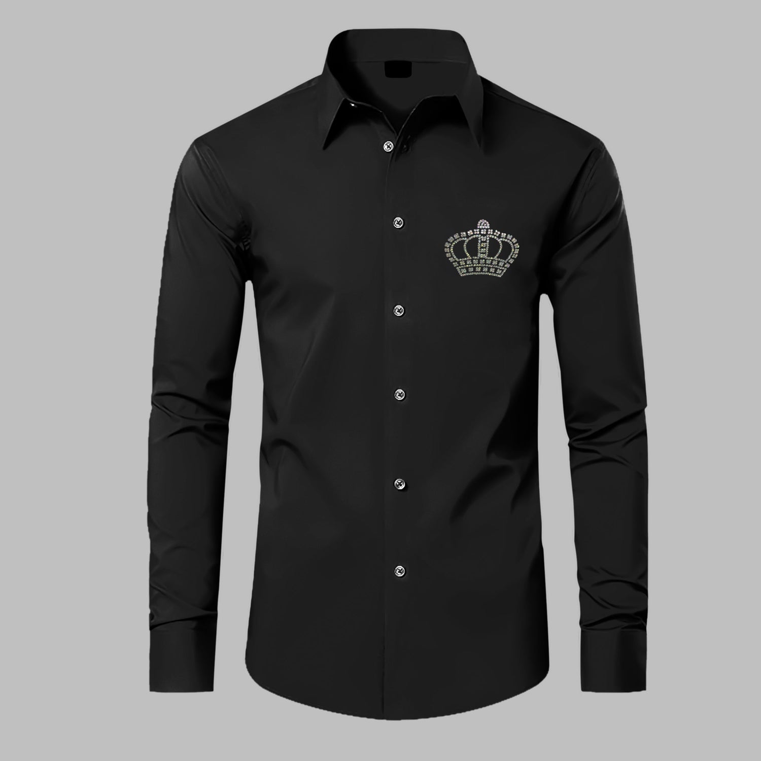 Black dress shirt with a crown logo on a gray background