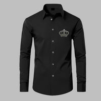 Black dress shirt with a crown logo on a gray background