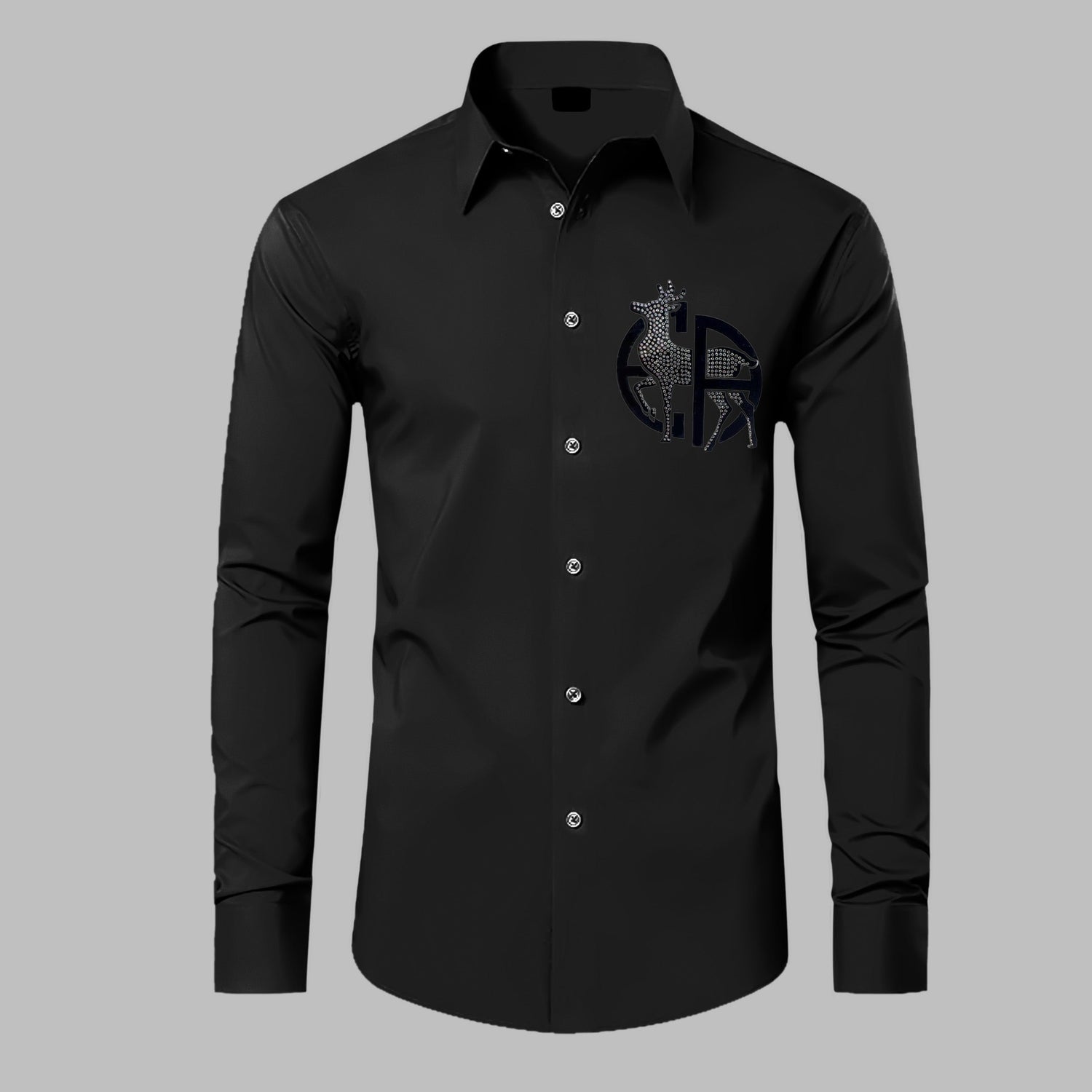 Black dress shirt with a logo on the chest against a gray background
